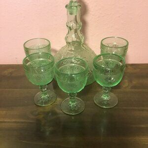 Vintage Indiana Glass Green Pressed Glass Decanter & 6 Matching Goblets
